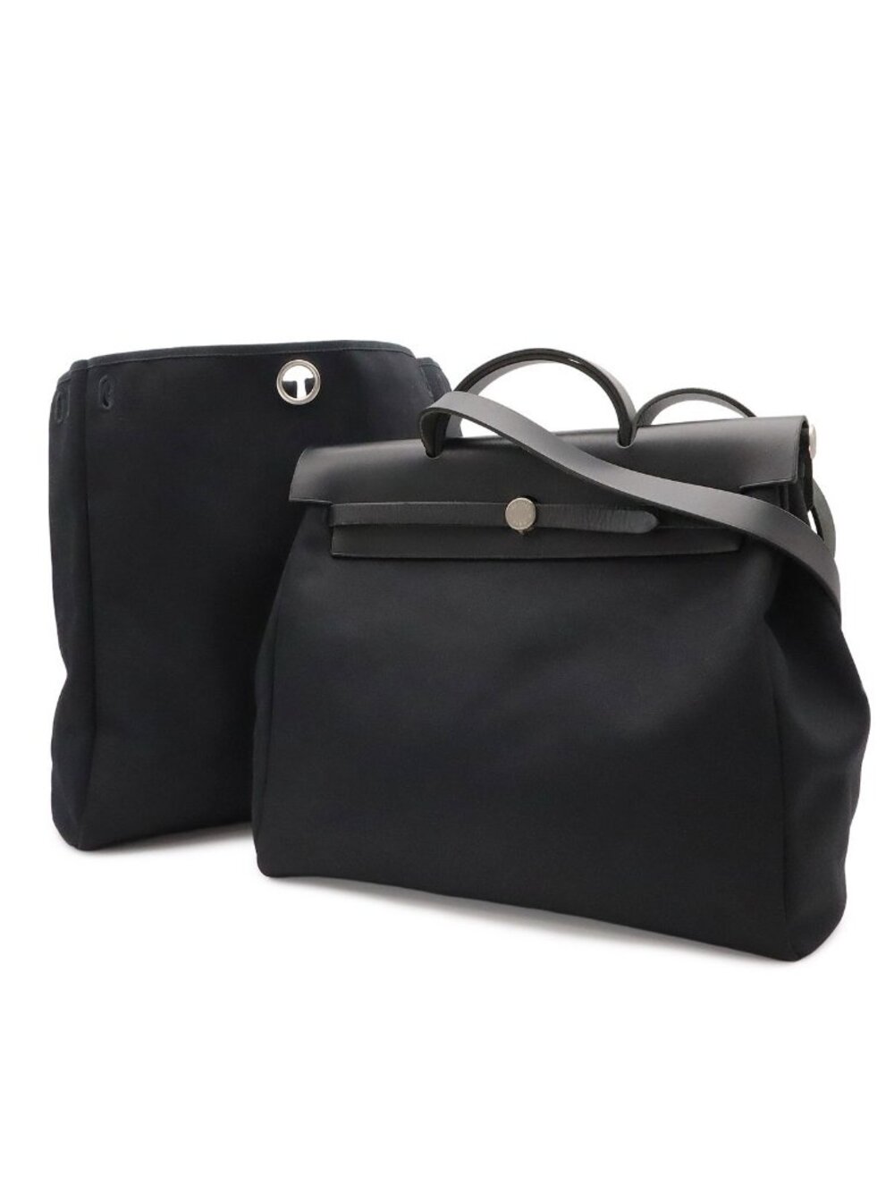 Hermes Herbag MM 2-Way Shoulder Bag Toile Officier Leather Black Silver